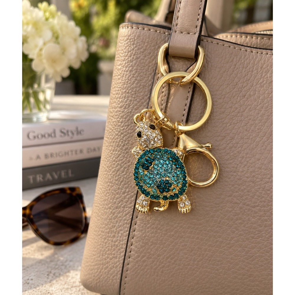 Rhinestone Turtle Bag Charm Turquoise Crystal Gold Tone Purse Keychain Coastal